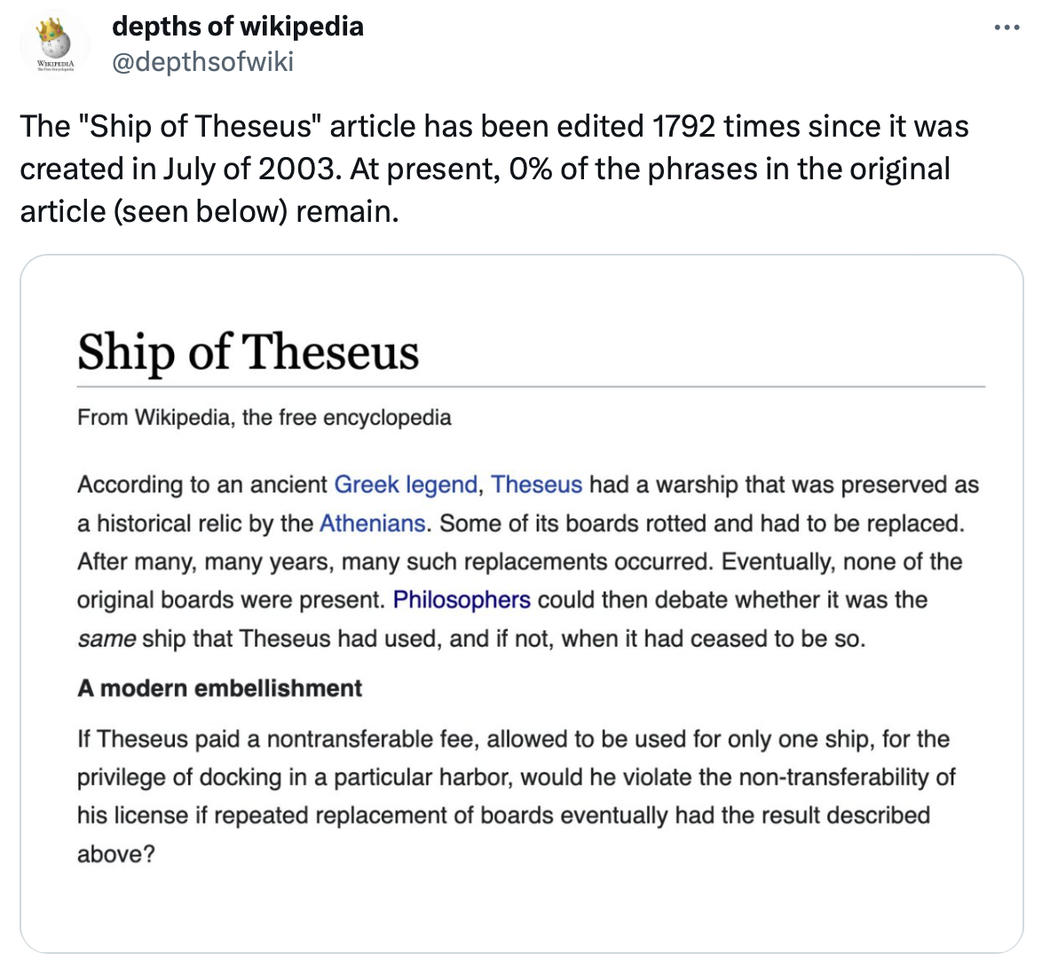 A screenshot of a Depths of Wikipedia tweet: The "Ship of Theseus" article has been edited 1792 times since it was created in July of 2003. At present, 0% of the phrases in the original article (seen below) remain.