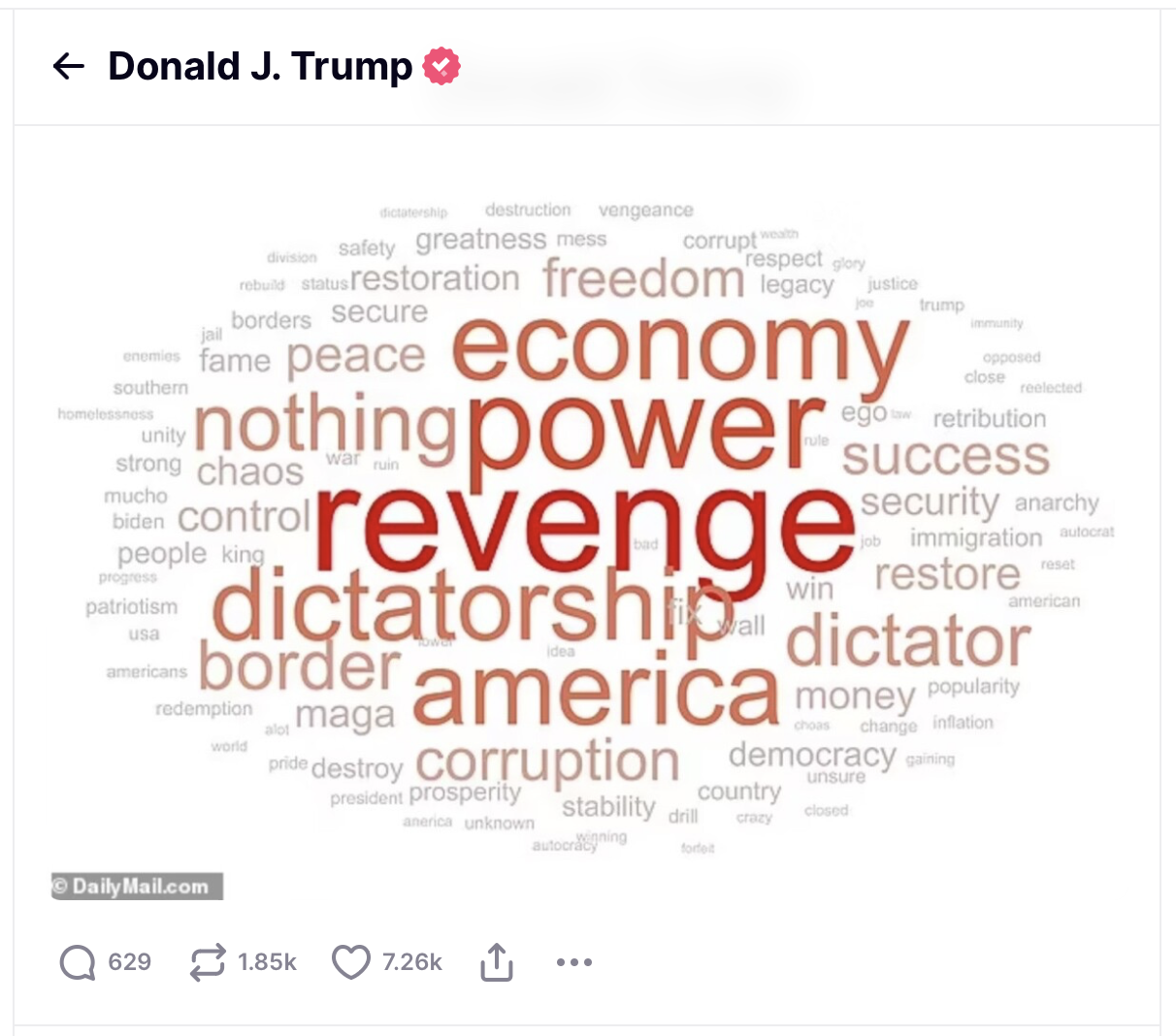 Screenshot of a Dec. 26, 2023, post on Truth Social by Donald Trump including the words revenge, dictatorship, and power