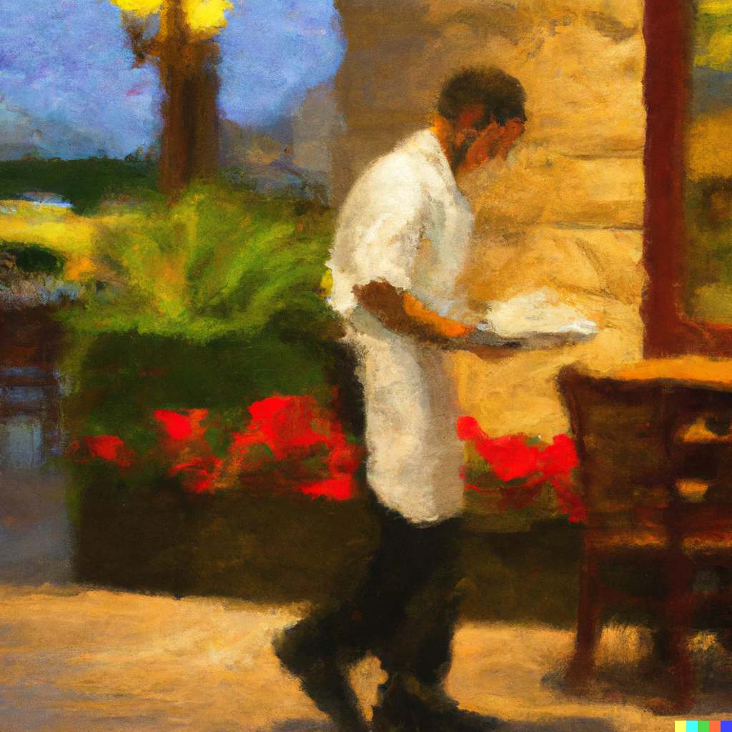 “impressionist oil painting of a restaurant worker” / DALL-E”